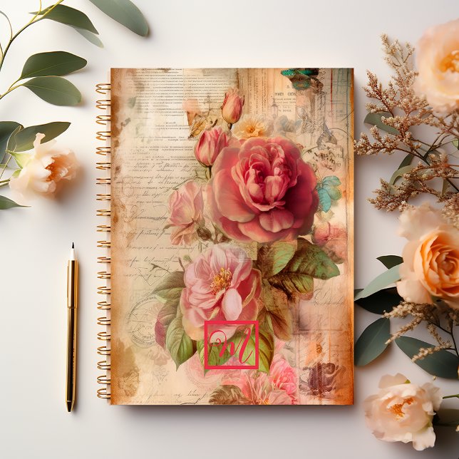Elegant Vintage Romantic Pink Floral  Notebook (Vintage Romantic Blush Rose Floral Antique Papyrus Monogrammed Notebook)