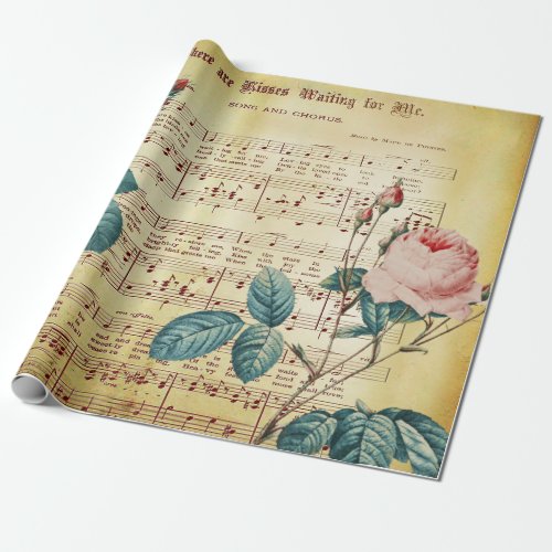 Elegant Vintage Rose Antique Sheet Music Notes Wrapping Paper