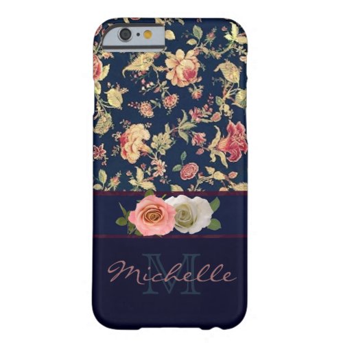 Elegant Vintage Rose Blue  Floral Monogram Name Barely There iPhone 6 Case