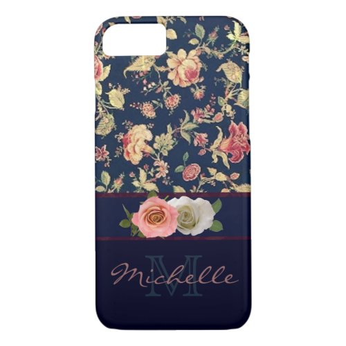 Elegant Vintage Rose Blue  Floral Monogram Name iPhone 87 Case