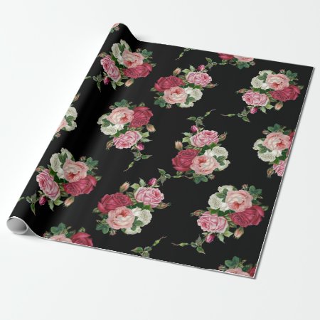 Elegant Vintage Rose Bouquets-black Background Wrapping Paper