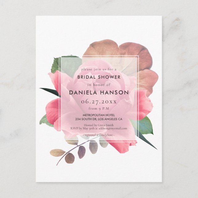 Elegant vintage rose Bridal shower Invitation Postcard (Front)