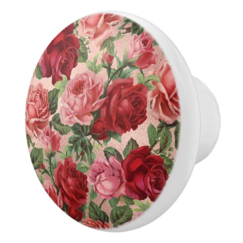 Elegant Vintage Rose Floral Pink Rose Gold Ceramic Knob