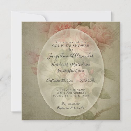 Elegant Vintage Rose Floral Sage Green Foliage Bee Invitation