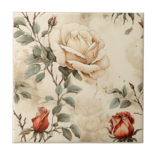 Elegant Vintage Rose Flower Beige Floral Ceramic Tile
