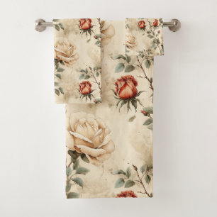 Elegant Vintage Rose Flower Beige Floral Design Bath Towel Set