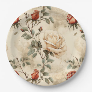 Elegant Vintage Rose Flower Beige Floral Design Paper Plates