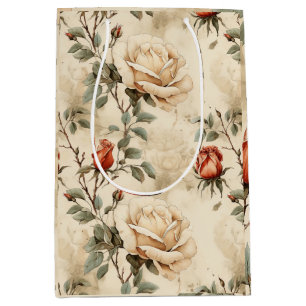 Elegant Vintage Rose Flower Beige Floral Medium Gift Bag
