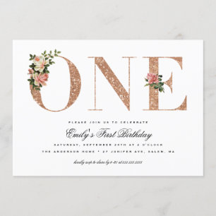 Elegant Vintage Rose Glitter 1st Birthday Invitation