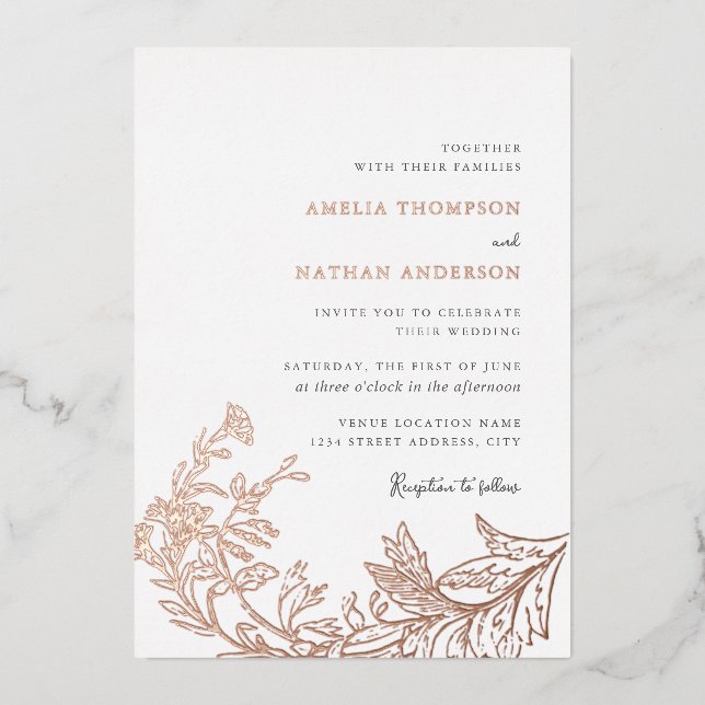 Elegant Vintage Rose Gold Floral Wedding Foil Invitation (Front)
