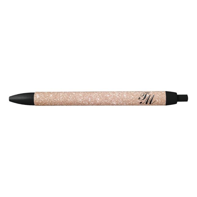 Elegant Vintage Rose Gold Glitter Monogram Black Pen (Front)