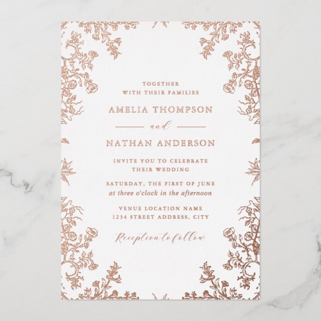 Elegant Vintage Rose Gold Wedding  Foil Invitation (Front)