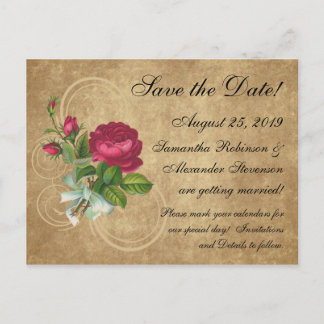 Elegant Vintage Rose, Magenta/Brown Announcement Postcard