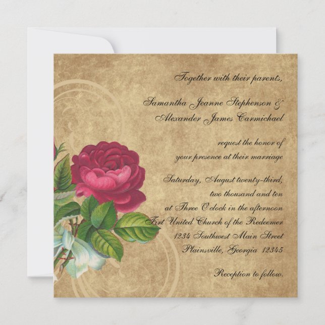 Elegant Vintage Rose, Magenta/Brown Invitation (Front)