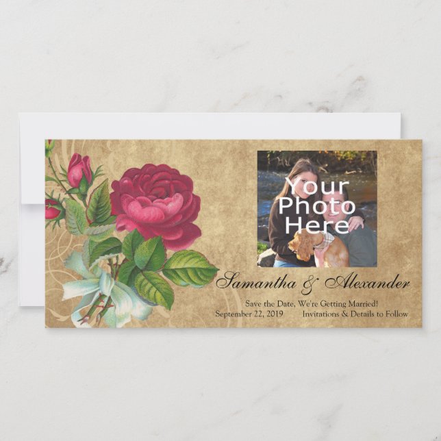 Elegant Vintage Rose, Magenta/Brown Save The Date (Front)