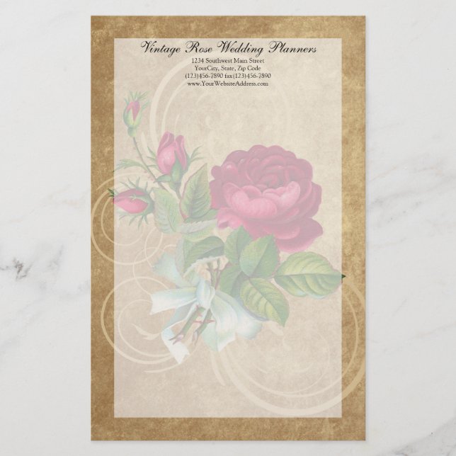 Elegant Vintage Rose, Magenta/Brown Stationery (Front)