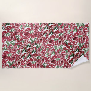 Elegant Vintage Rose Pattern - Red & Green Floral Beach Towel