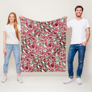 Elegant Vintage Rose Pattern - Red & Green Floral Fleece Blanket