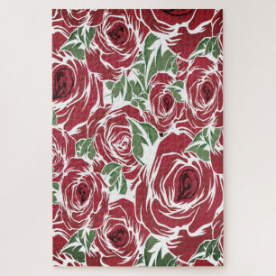 Elegant Vintage Rose Pattern - Red & Green Floral  Jigsaw Puzzle
