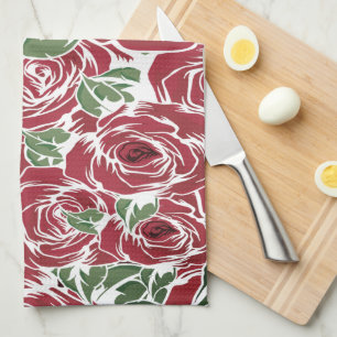 Elegant Vintage Rose Pattern - Red & Green Floral  Kitchen Towel
