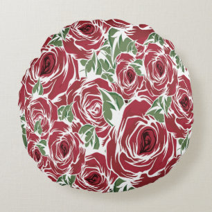 Elegant Vintage Rose Pattern - Red & Green Floral Round Pillow