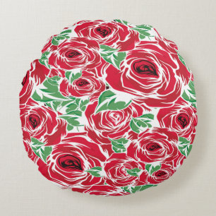 Elegant Vintage Rose Pattern - Red & Green Floral  Round Pillow