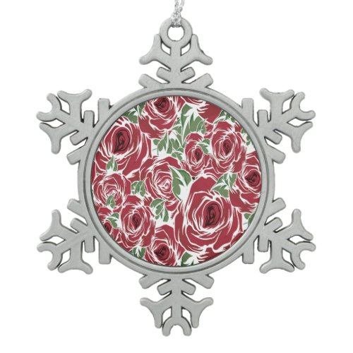 Elegant Vintage Rose Pattern - Red &amp; Green Floral  Snowflake Pewter Christmas Ornament
