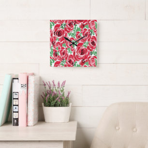 Elegant Vintage Rose Pattern - Red & Green Floral Square Wall Clock