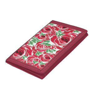 Elegant Vintage Rose Pattern - Red & Green Floral Tri-fold Wallet