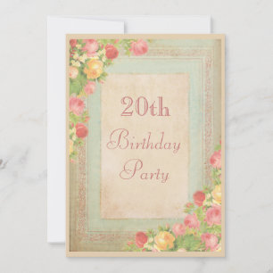 Elegant Vintage Roses 20th Birthday Party Invitation