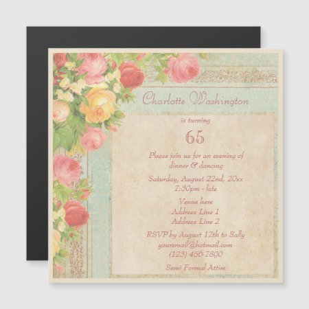 Elegant Vintage Roses 65th Birthday Party Magnetic Invitation