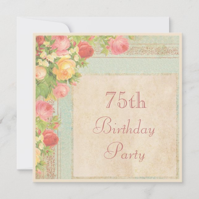 Elegant Vintage Roses 75th Birthday Party Invitation (Front)