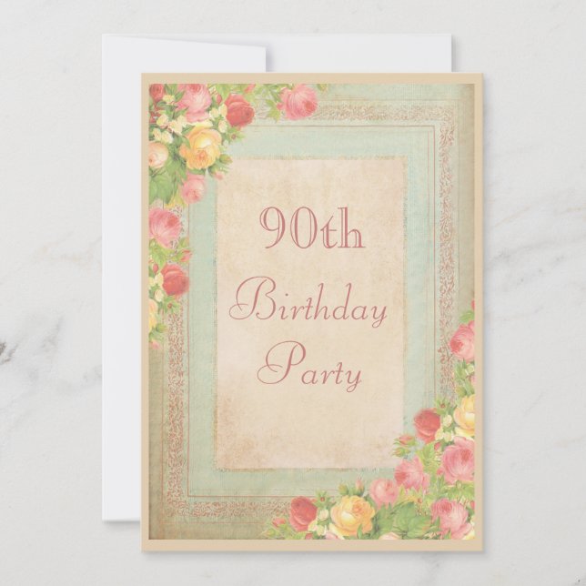 Elegant Vintage Roses 90th Birthday Party Invitation (Front)