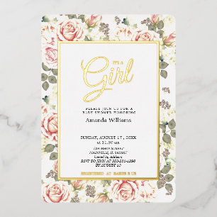 Elegant Vintage Roses, Baby Shower Gold Foil Invitation