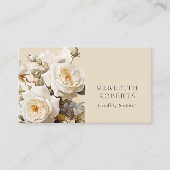 Elegant Vintage Roses Cream Horizontal Business Card (Front)