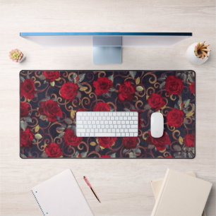 Elegant Vintage Roses & Damask Pattern Red & Black Desk Mat
