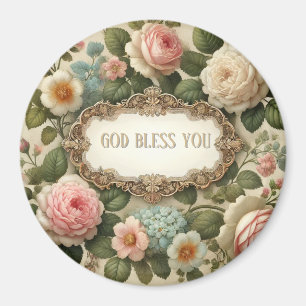 Elegant Vintage Roses Floral 'God Bless You' Magnet