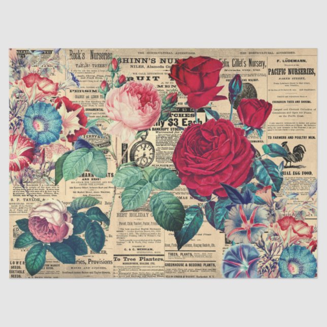 Elegant Vintage Roses on Antique Newspaper Tissue Paper (Front)