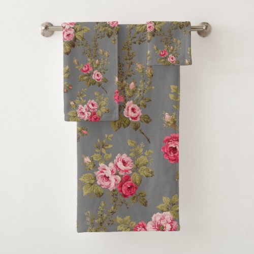 Elegant Vintage Roses on Gray Background Bath Towel Set