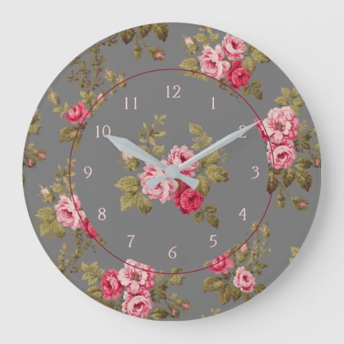 Elegant Vintage Roses on Gray Background Large Clock