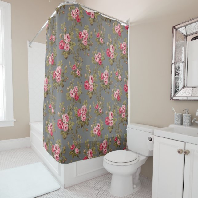 Elegant Vintage Roses on Gray Background Shower Curtain (In Situ)