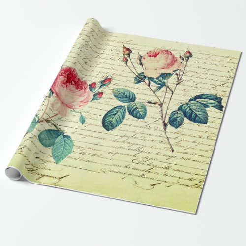 Elegant Vintage Roses on Handwriting French Script Wrapping Paper