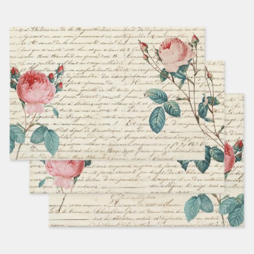 Elegant Vintage Roses on Handwriting French Script Wrapping Paper Sheets