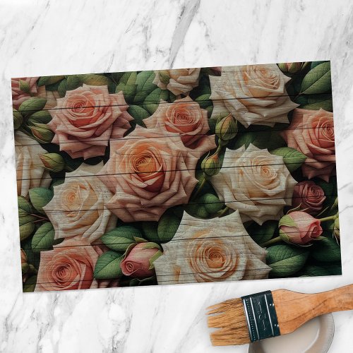 Elegant Vintage Roses on Rustic Wood Decoupage