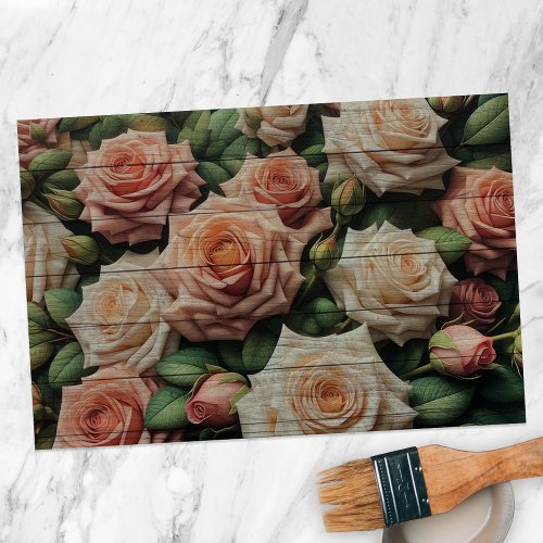 Elegant Vintage Roses on Rustic Wood Decoupage Tissue Paper