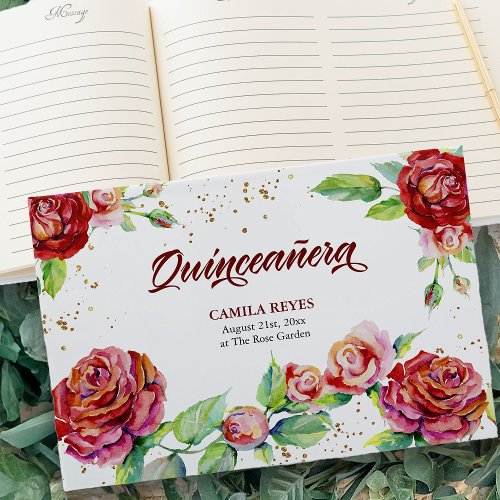 Elegant Vintage Roses Red Pink Floral Quinceanera Guest Book