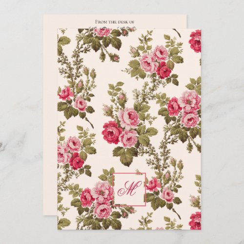 Elegant Vintage Roses wMonogram_Buff Background Note Card