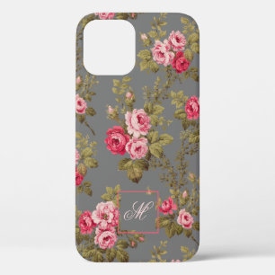 Elegant Vintage Roses w/Monogram-Gray Background iPhone 12 Case