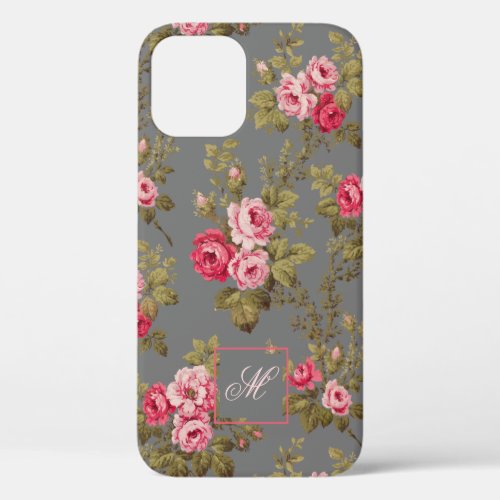 Elegant Vintage Roses wMonogram_Gray Background iPhone 12 Case
