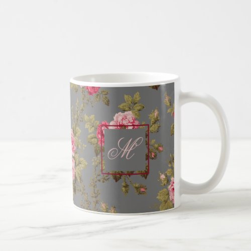 Elegant Vintage Roses wMonogram_Gray Background  Coffee Mug
